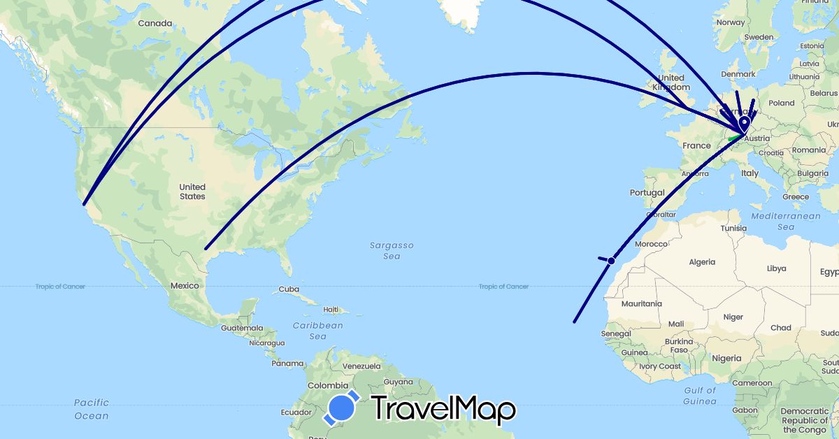 TravelMap itinerary: driving, bus, train in Switzerland, Cape Verde, Germany, Spain, United Kingdom, United States (Africa, Europe, North America)